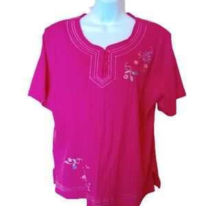 Salmon Pink Embellished Embroidered Ribbed Tee T-shirt Women 2X